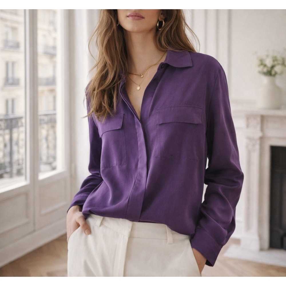 Vintage Christie & Jill Purple‎ 100% Silk MEDIUM Button Up Blouse Quiet Luxury